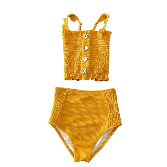 Girls Rad Swim Mustard Yellow High Waisted Smocked Swim Set Size 8 - Picture 1 of 6